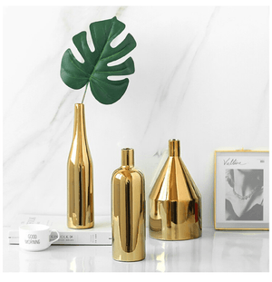 Set of 3 Golden Ceramic Bottle Vases