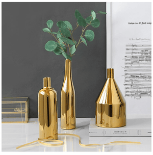 Set of 3 Golden Ceramic Bottle Vases