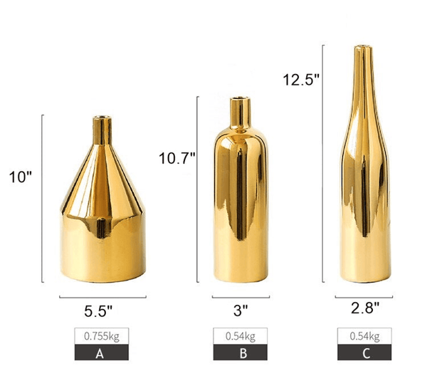 Set of 3 Golden Ceramic Bottle Vases